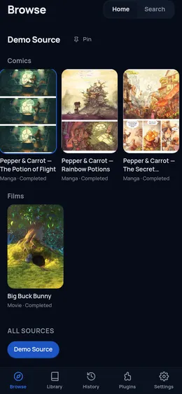 woyomi mobile browse screen with demo comics