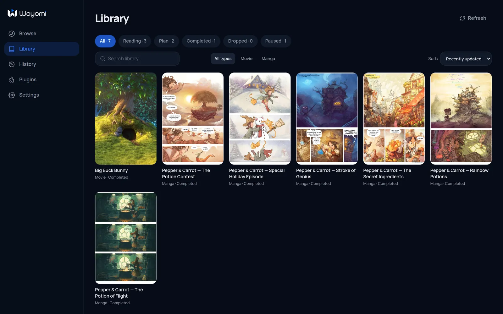 woyomi library with demo comics and an open movie